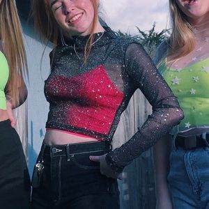Mesh stars mock neck top